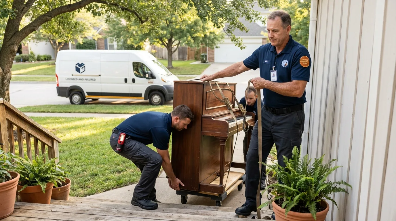 Licensed piano movers securing grand piano in Yamhill, OR