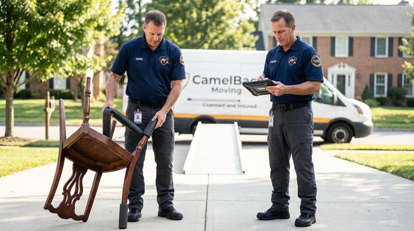 Movers inspecting furniture for damage prevention before loading in Yamhill, OR