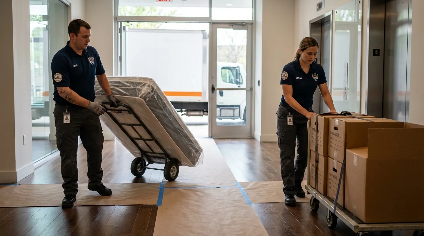Professional apartment movers loading elevator in Yamhill, OR