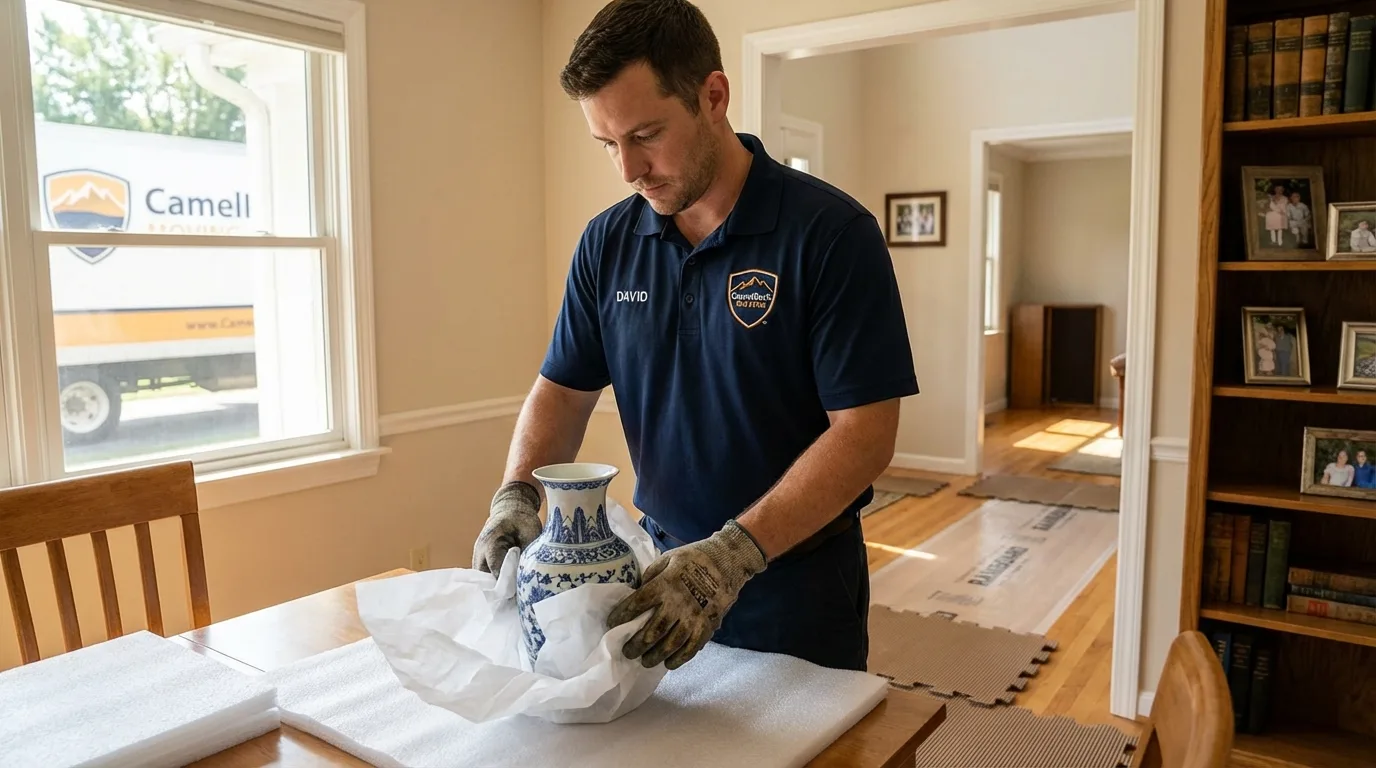 Professional crew carefully wrapping antique vase for senior downsizing move in Yamhill, OR